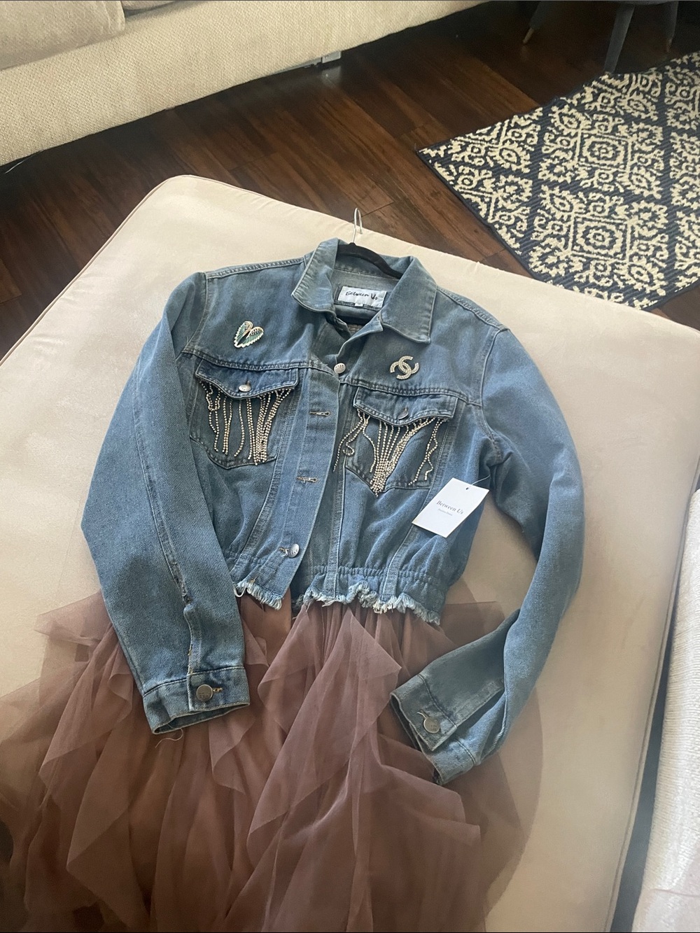 Embellished Blue Denim Jacket with Tulle Hem - Women